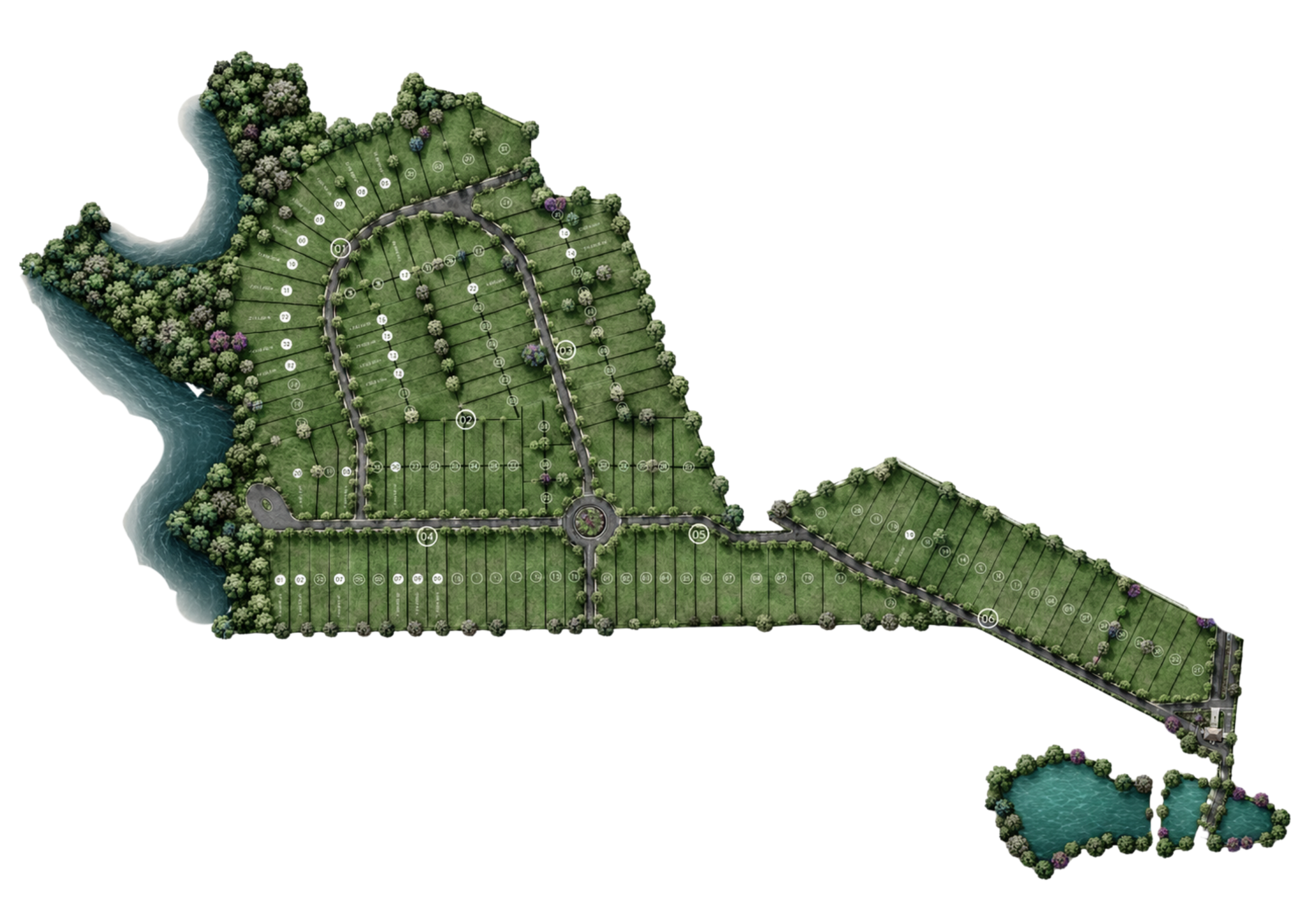 Mapa ilustrado do Condomínio Granja Glória visto de cima, mostrando os lotes, áreas verdes e rio